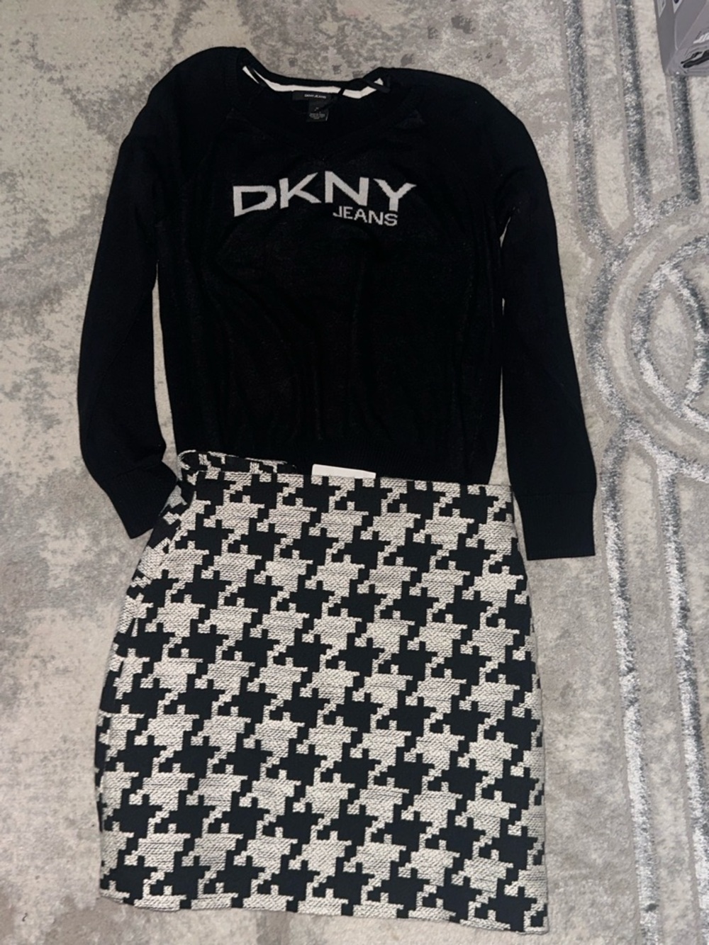 DKNY Black Sweater with H&M Black & White Houndstooth Skirt Set